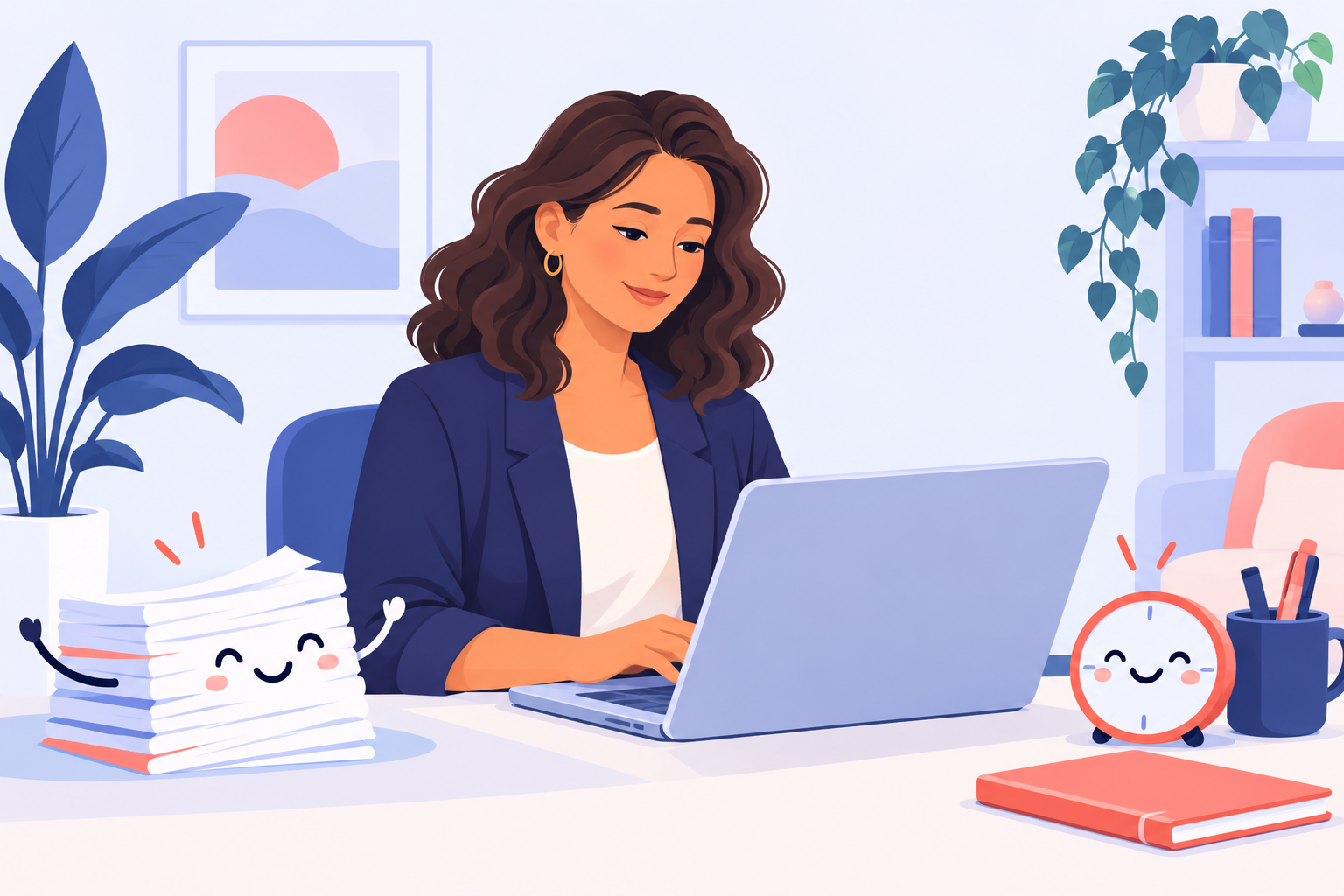 A therapist completing notes in a calm workspace.