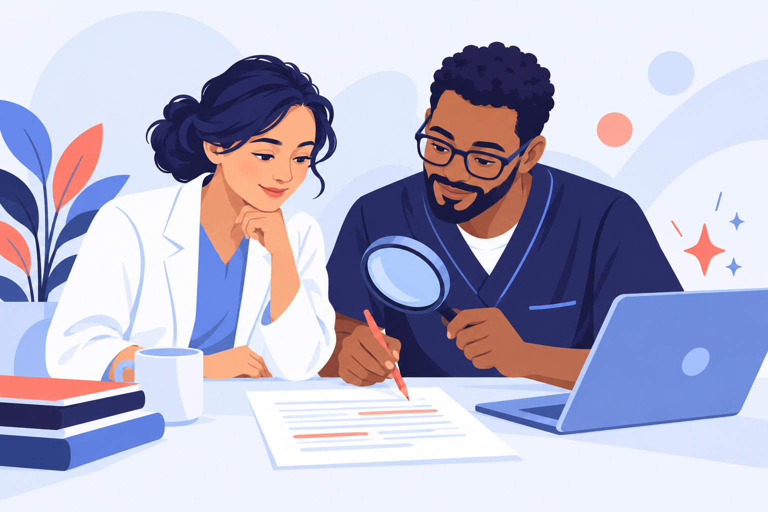 Care professionals working together to check a written draft.